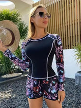 Load image into Gallery viewer, Long Sleeve Rash Guard Swimsuit Floral Print Shorts Two Piece Swimwear High Neck Slim Fit Bathing Suit Tropical Print