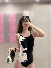 Load image into Gallery viewer, Black White Kitten Print Women's One Piece Swimsuit Racerback Racing Swimwear Thin Strap Professional Training Bathing Suit
