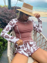 Load image into Gallery viewer, Long Sleeve Rash Guard Swimsuit Floral Print Shorts Two Piece Swimwear High Neck Slim Fit Bathing Suit Tropical Print