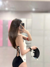 Load image into Gallery viewer, Black White Kitten Print Women's One Piece Swimsuit Racerback Racing Swimwear Thin Strap Professional Training Bathing Suit