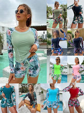 Load image into Gallery viewer, Long Sleeve Rash Guard Swimsuit Floral Print Shorts Two Piece Swimwear High Neck Slim Fit Bathing Suit Tropical Print