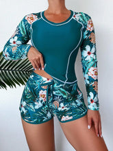 Load image into Gallery viewer, Long Sleeve Rash Guard Swimsuit Floral Print Shorts Two Piece Swimwear High Neck Slim Fit Bathing Suit Tropical Print