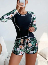 Load image into Gallery viewer, Long Sleeve Rash Guard Swimsuit Floral Print Shorts Two Piece Swimwear High Neck Slim Fit Bathing Suit Tropical Print