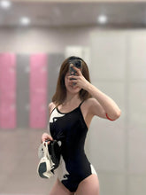 Load image into Gallery viewer, Black White Kitten Print Women's One Piece Swimsuit Racerback Racing Swimwear Thin Strap Professional Training Bathing Suit