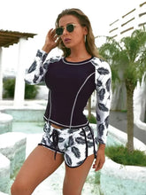 Load image into Gallery viewer, Long Sleeve Rash Guard Swimsuit Floral Print Shorts Two Piece Swimwear High Neck Slim Fit Bathing Suit Tropical Print