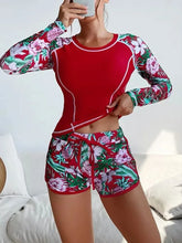 Load image into Gallery viewer, Long Sleeve Rash Guard Swimsuit Floral Print Shorts Two Piece Swimwear High Neck Slim Fit Bathing Suit Tropical Print