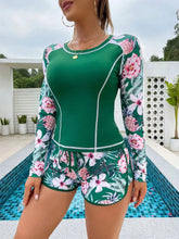 Load image into Gallery viewer, Long Sleeve Rash Guard Swimsuit Floral Print Shorts Two Piece Swimwear High Neck Slim Fit Bathing Suit Tropical Print