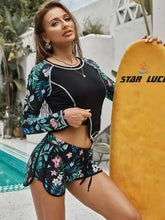 Load image into Gallery viewer, Long Sleeve Rash Guard Swimsuit Floral Print Shorts Two Piece Swimwear High Neck Slim Fit Bathing Suit Tropical Print
